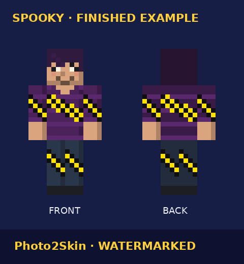 Finished Spooky Minecraft skin with a visible Photo2Skin watermark